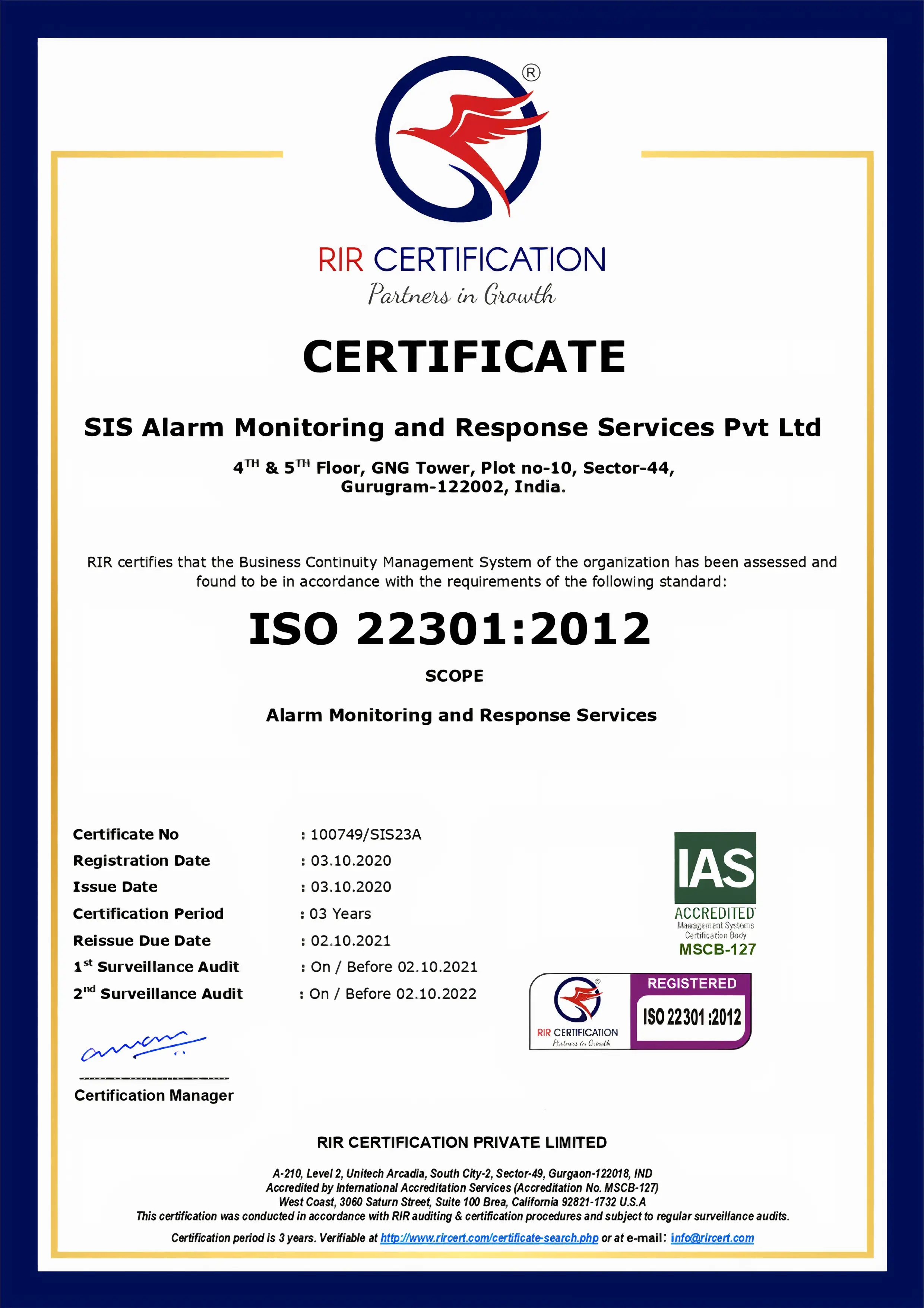 RIR Certification | ISO 22301:2012