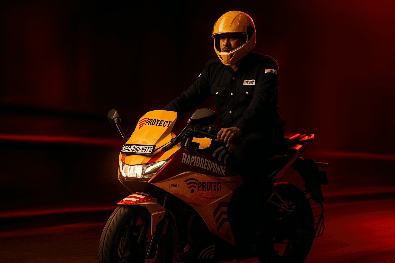 VProtect rapid-response officer on a branded motorcycle, prepared for emergency deployment
