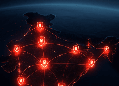 Digital network map with security shield icons symbolising an expanding e-surveillance network across India
