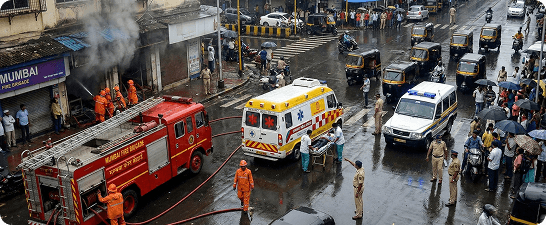 Seamless Police, Fire & Medical Help: Emergency vehicles including fire trucks and ambulances responding at a busy city location
