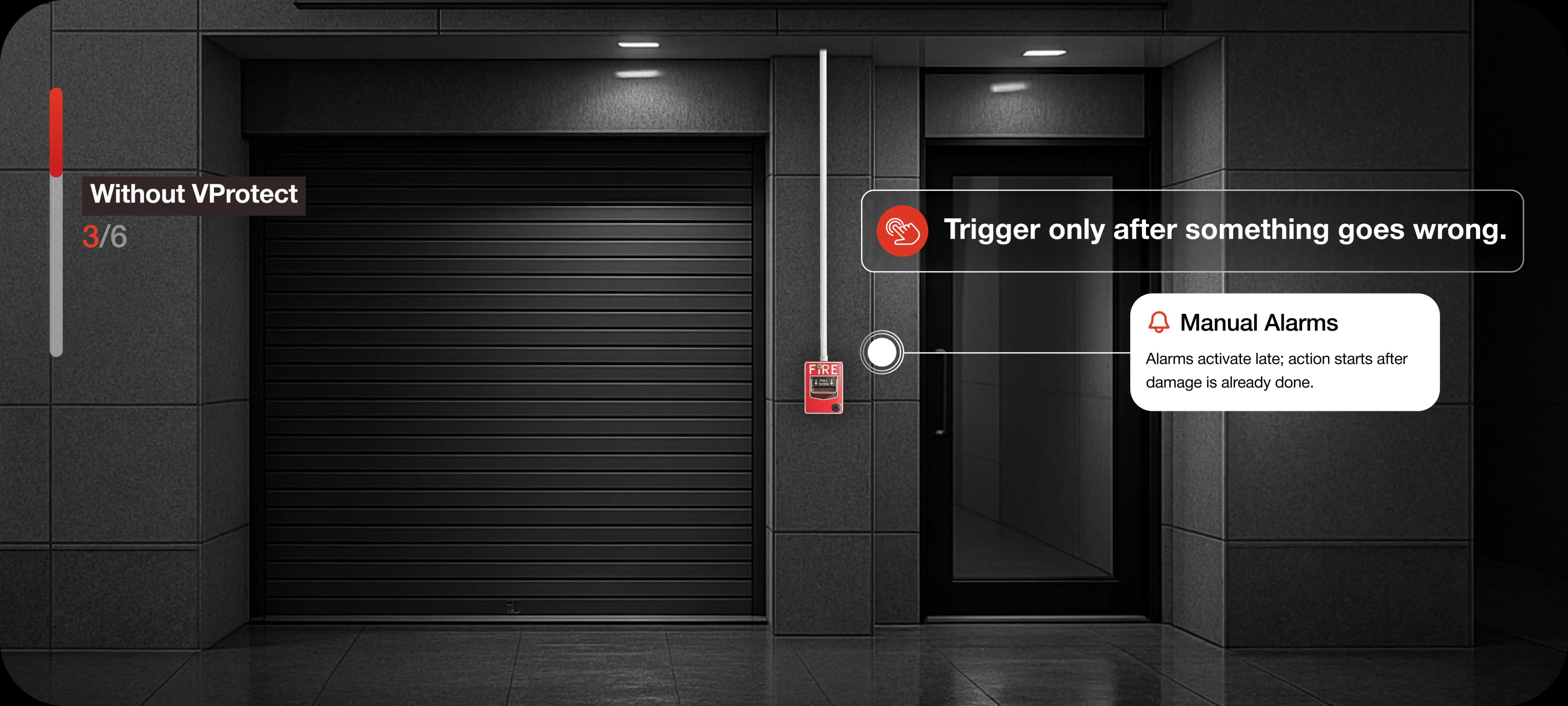 Building entrance at night with a manual wall-mounted alarm button, highlighting delayed response risk.