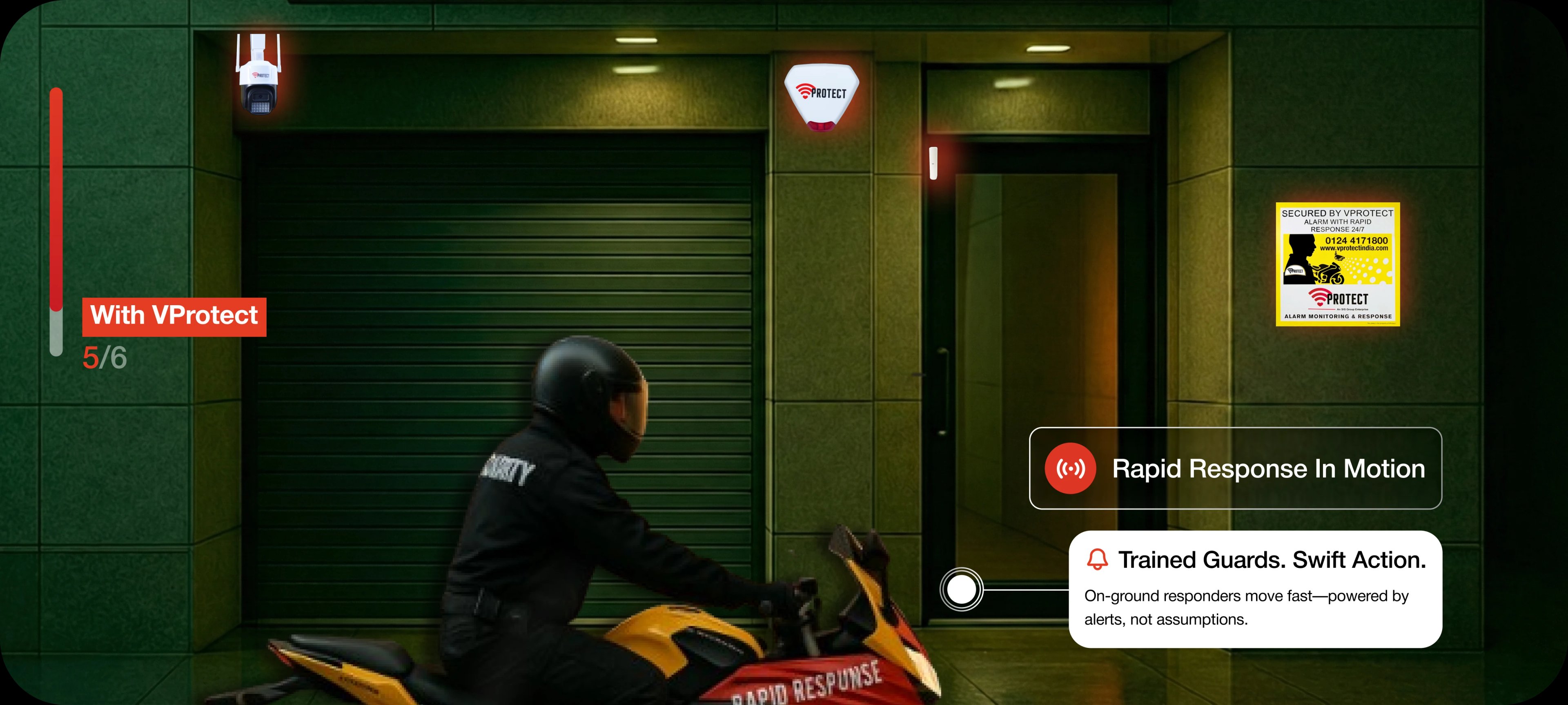 Building façade at night with active sensor indicators and camera framing, representing rapid alert-driven response.