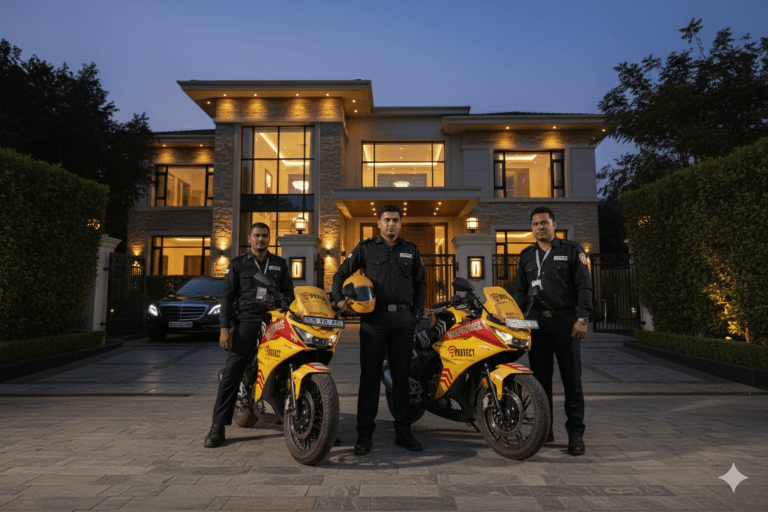 Human & Civic Response: VProtect rapid response officers on motorcycles outside a residence