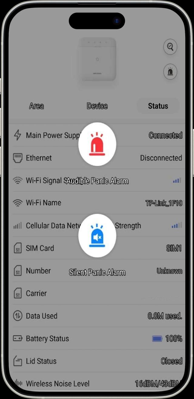 Smartphone displaying VProtect home security app with live device status.