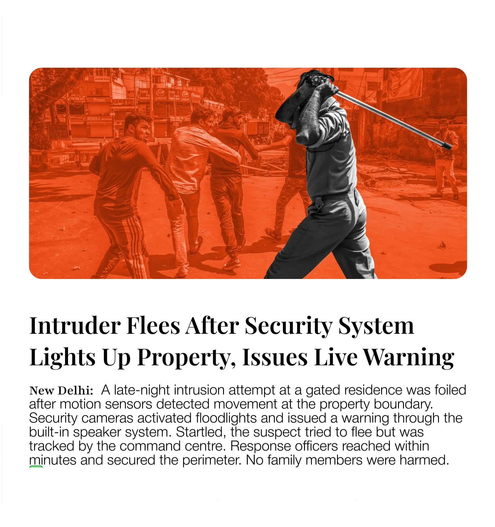 Newspaper-style illustration showing an intruder running away after motion sensors trigger lights and a live warning at a residence.