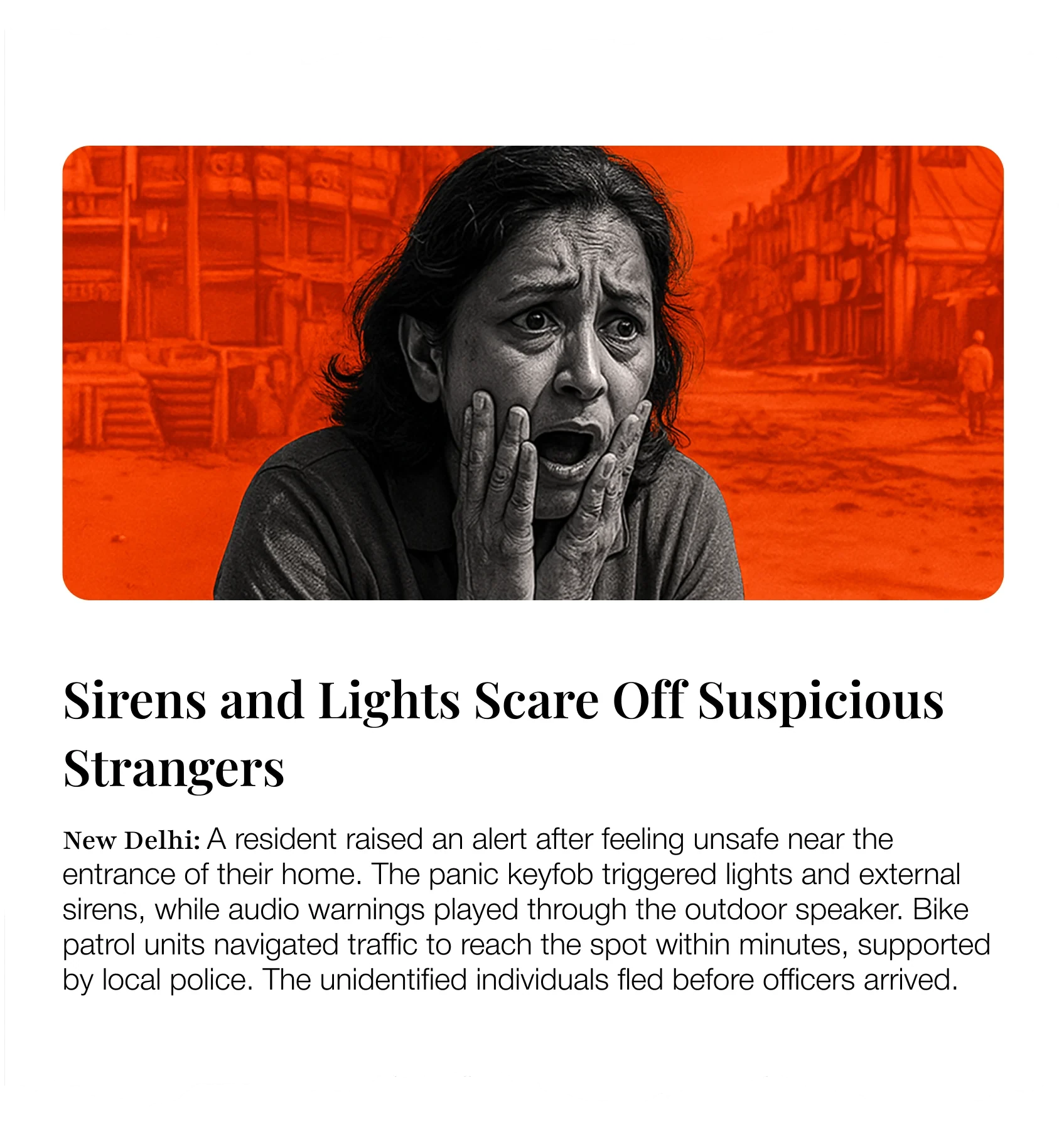 Newspaper-style illustration of a distressed resident during a suspicious incident as sirens and deterrent lights activate.